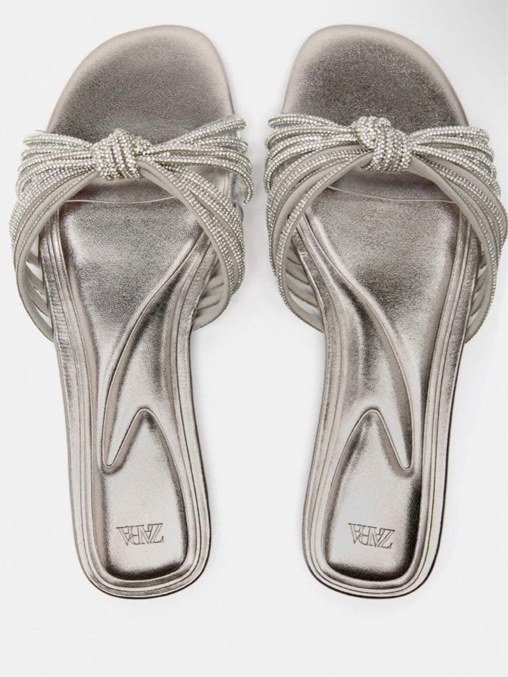 NWT Zara Metallic Silver Knotted Beaded Slide Mules
